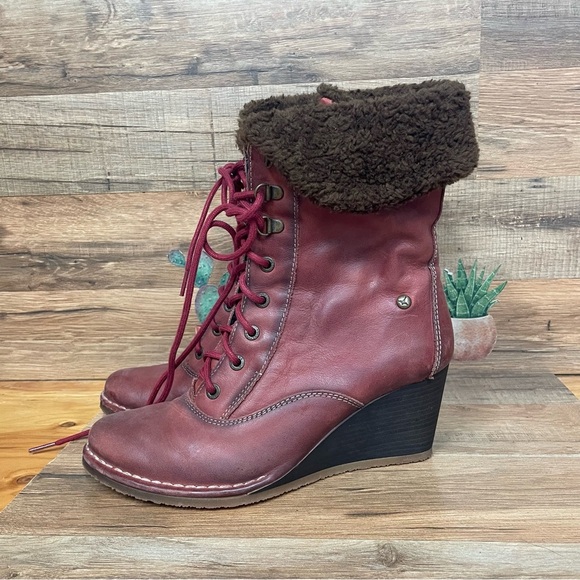 Pikolinos women’s burgundy leather wedge boots size 9 / 40 fold over top - Picture 3 of 10